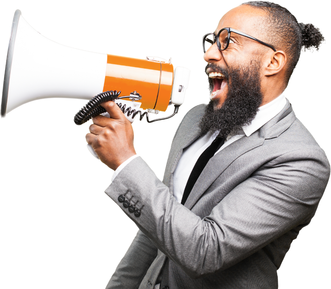 man shouting into megaphone